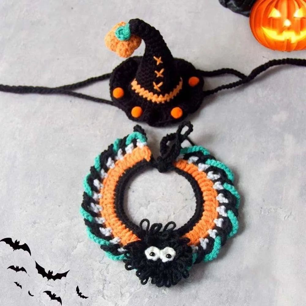 Halloween Cat Costume Pumpkin Ghost Woven Hat and Bib Set for Cats
