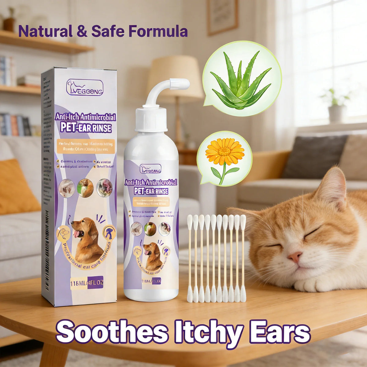 Gentle Pet Ear Cleaning Solution for Dogs & Cats, Odor & Wax Remover