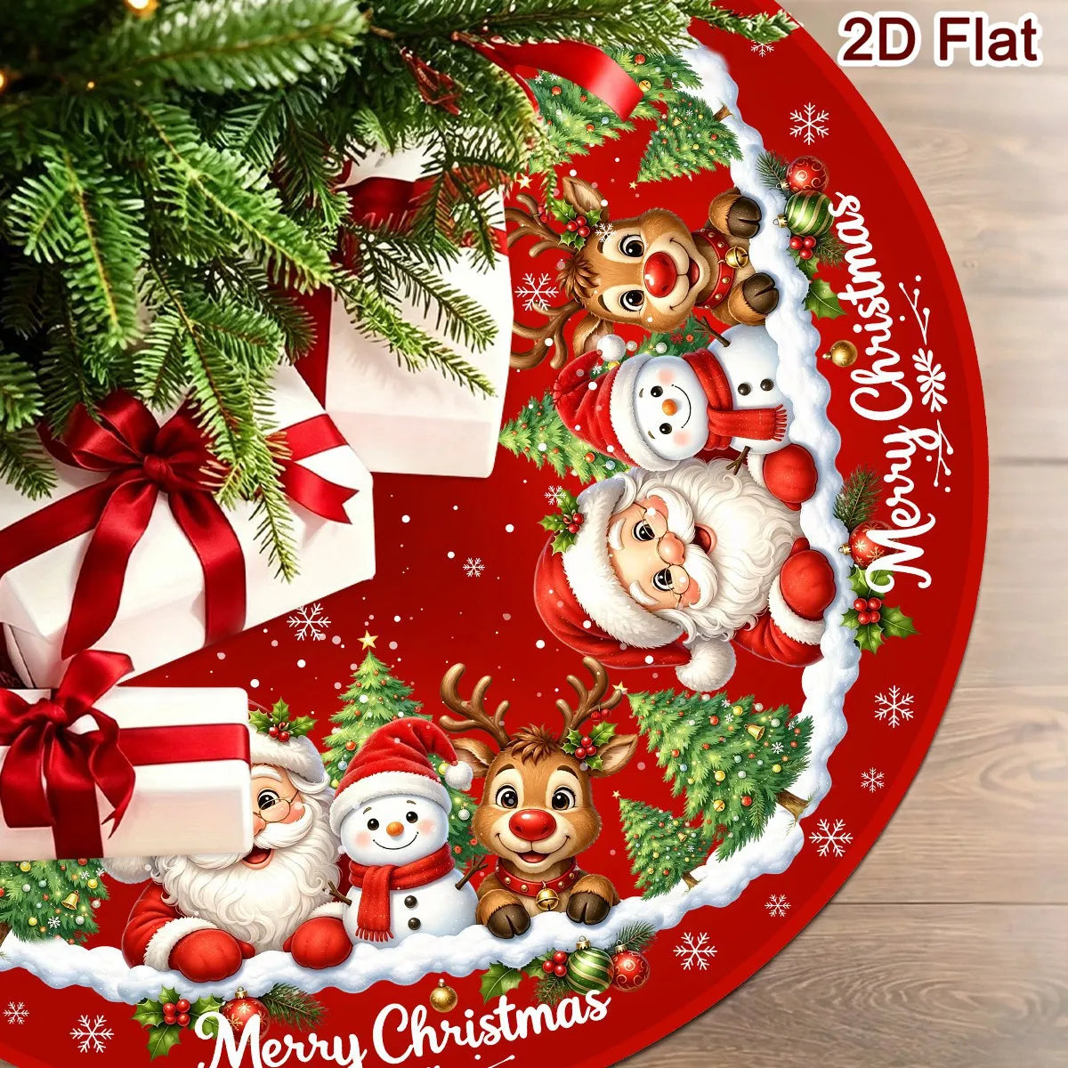 Christmas Tree Skirt, Santa & Snowman Print Holiday Tree Mat