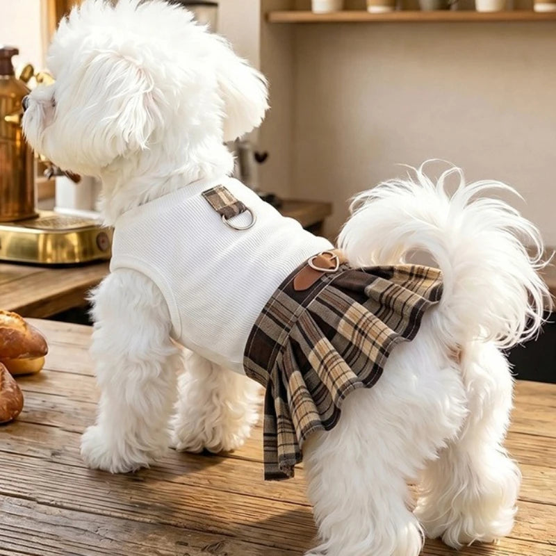Plaid Pleated Dog Skirt Dress, Preppy Fall and Winter Pet Outfit