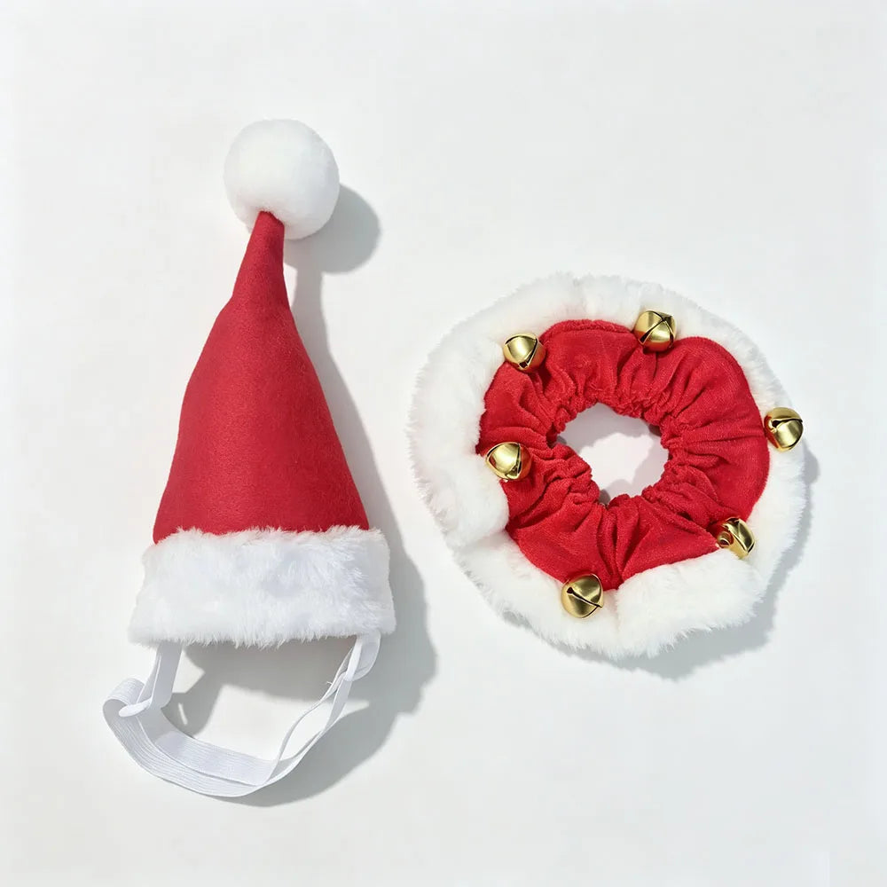 Dog Christmas Santa Hat Collar with Bells, Holiday Costume