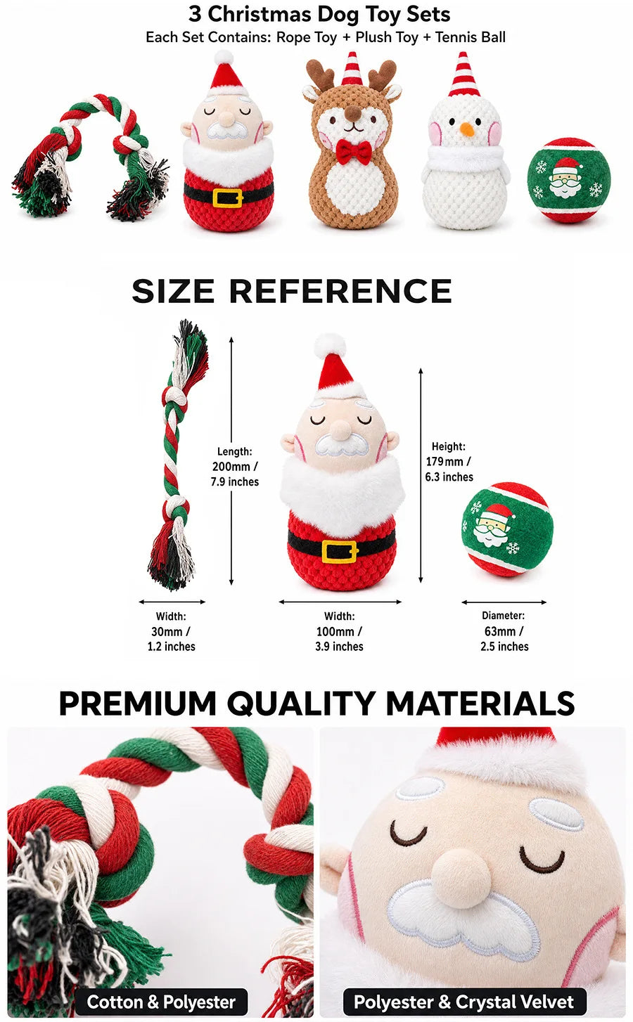 3-Piece Christmas Dog Toy Set with Plush, Rope and Tennis Ball