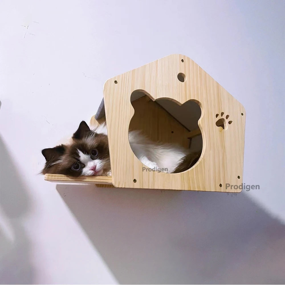 Wall-Mounted Cat Castle House Shelf, Climbing Hideaway Bed for Cats