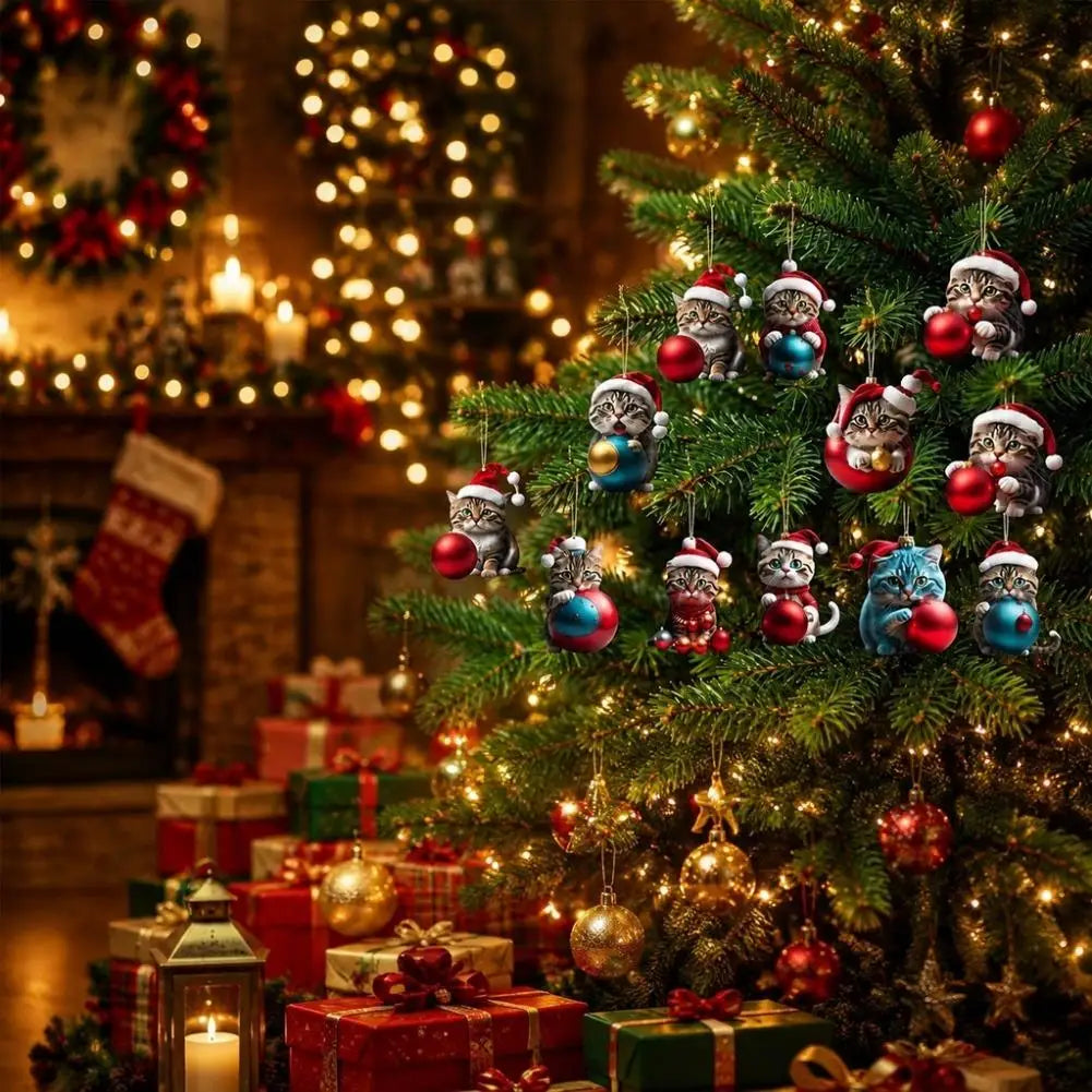 10-Piece Acrylic Cat Christmas Ornaments with Santa Hats