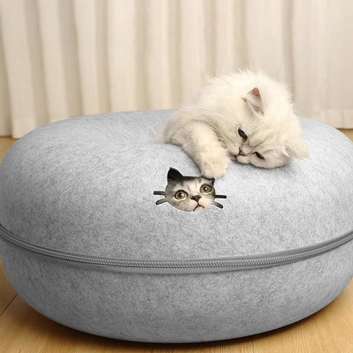2-in-1 Felt Donut Cat Bed and Play Tunnel, Cozy Hideaway Cave