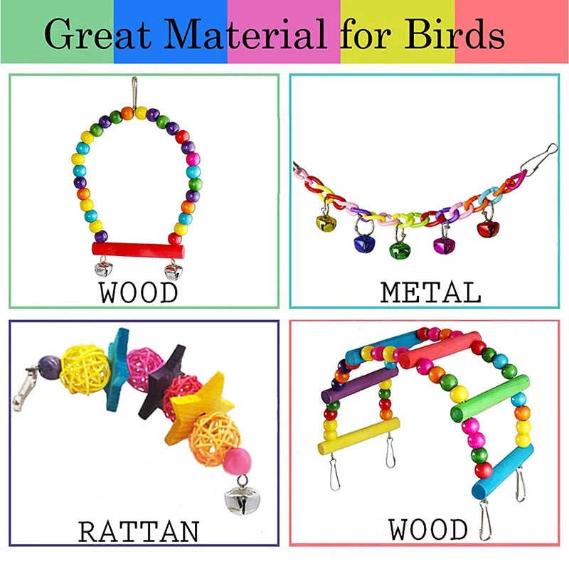 7-Piece Wood Bird Toy Set with Swing, Bridge and Bells