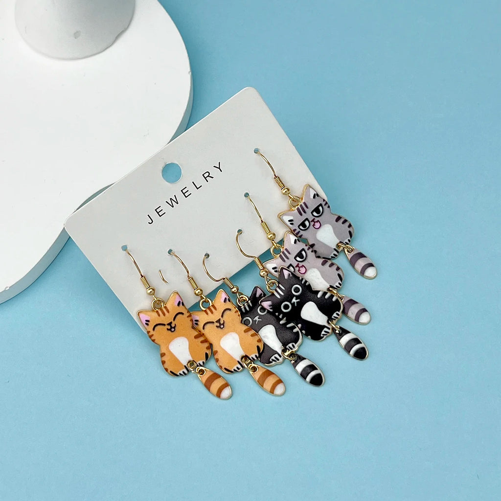 Hanging Tail Cat Dangle Earrings, 3-Pair Enamel Gift Set for Cat Lovers