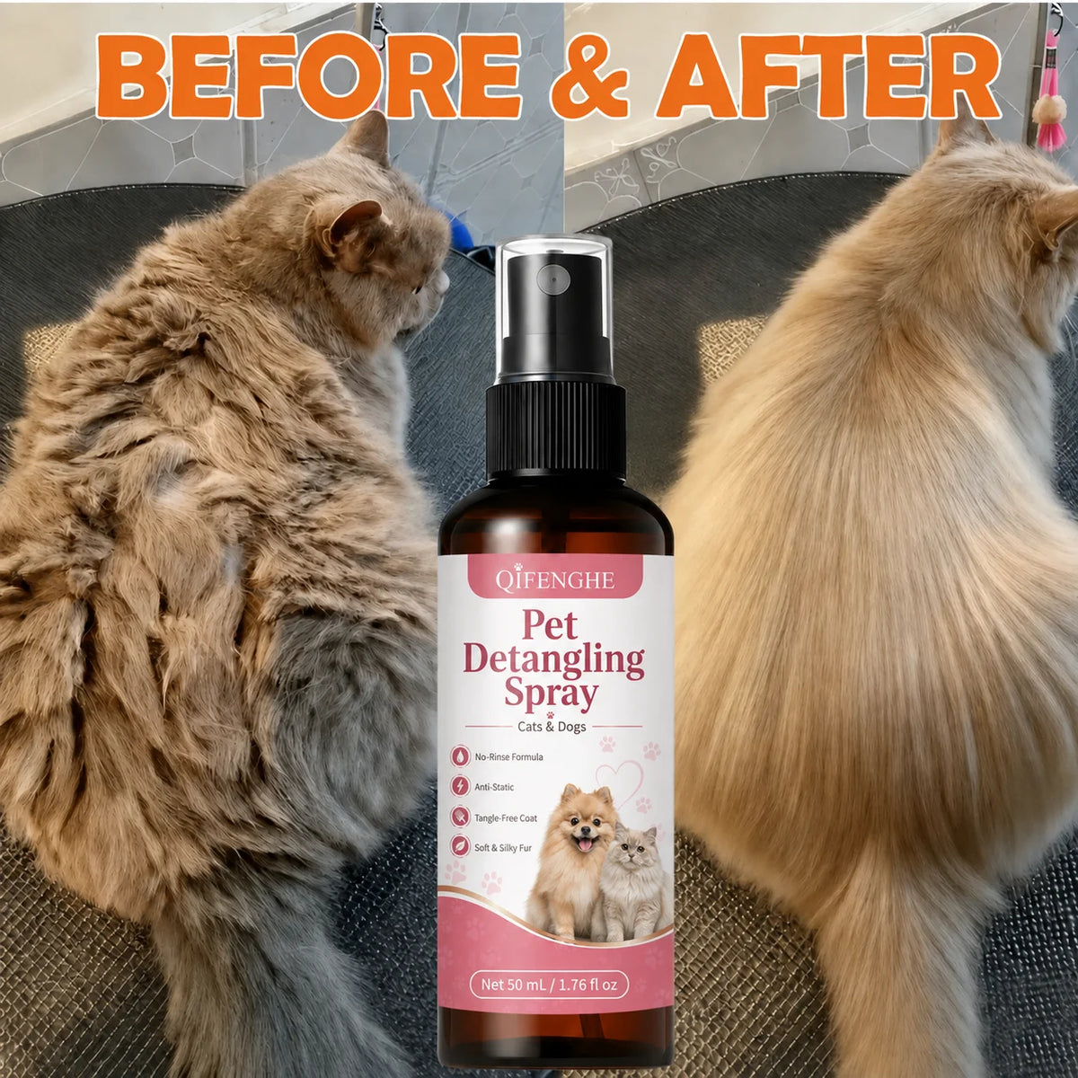 No-Rinse Pet Detangler Spray for Dogs and Cats, Mat and Knot Remover