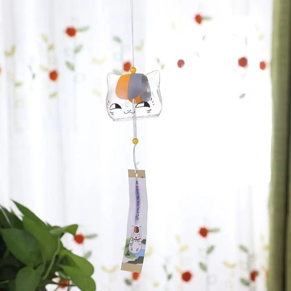 Japanese Glass Cat Wind Chime, Hanging Window Decor for Cat Lovers