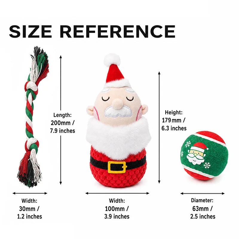 3-Piece Christmas Dog Toy Set with Plush, Rope and Tennis Ball