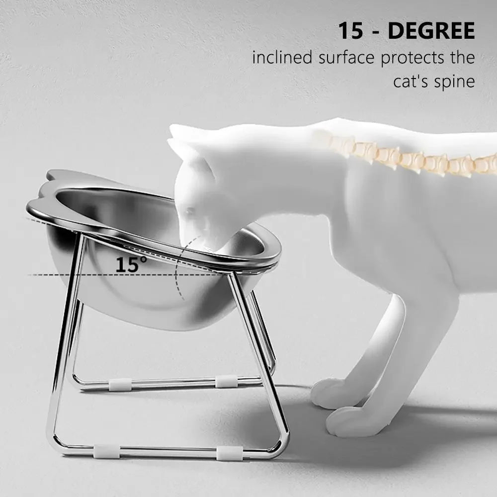 Stainless Steel Raised Cat Bowl, 15° Tilted Neck-Friendly Feeder