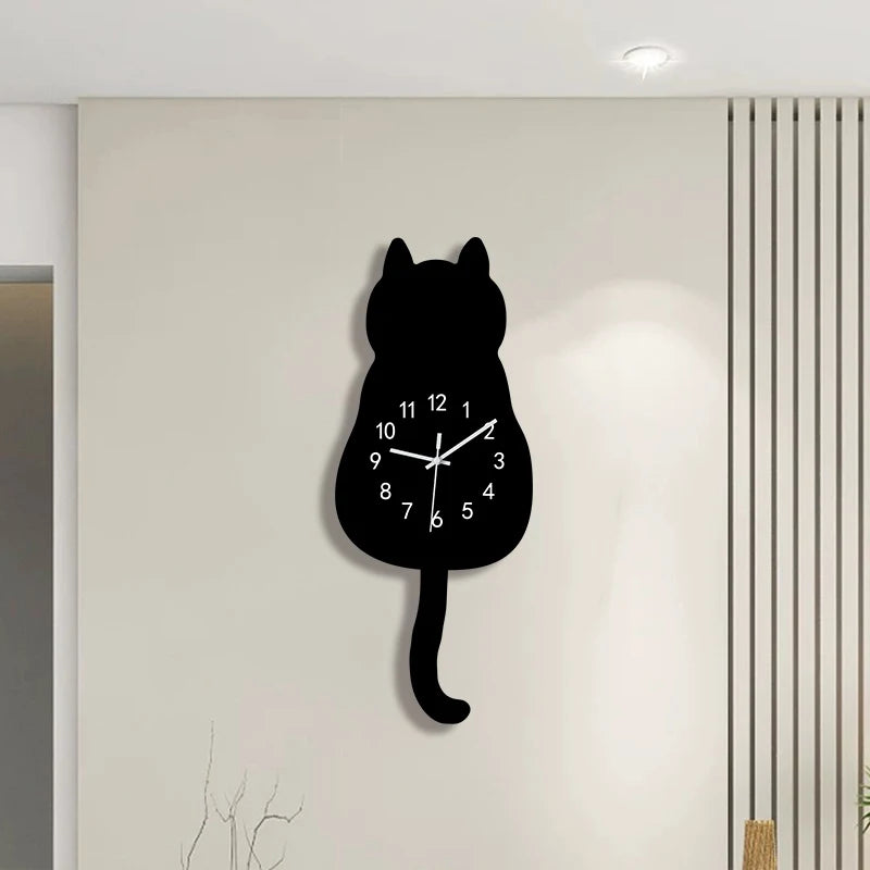Swinging Tail Cat Wall Clock, Silent Acrylic Decor for Cat Lovers
