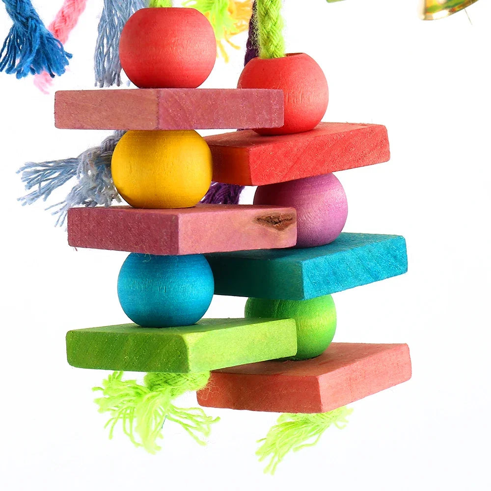 Colorful Wooden Foraging Block Toy for Parrots, Hanging Cage Chew