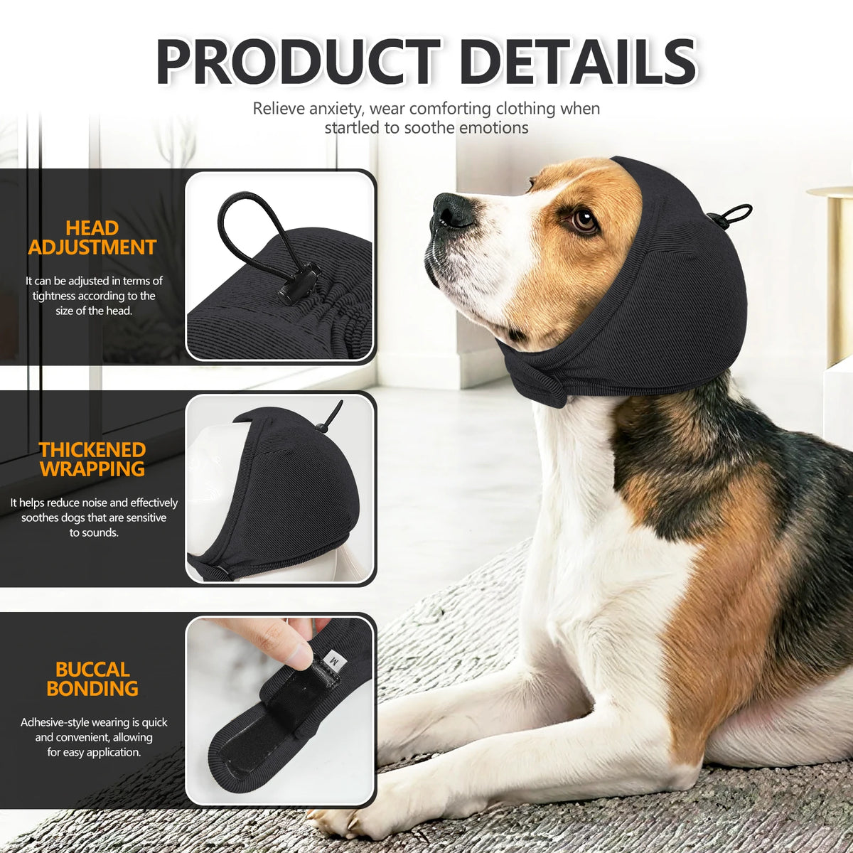 Adjustable Dog Calming Ear Wrap, Soft Noise-Reducing Anxiety Hood