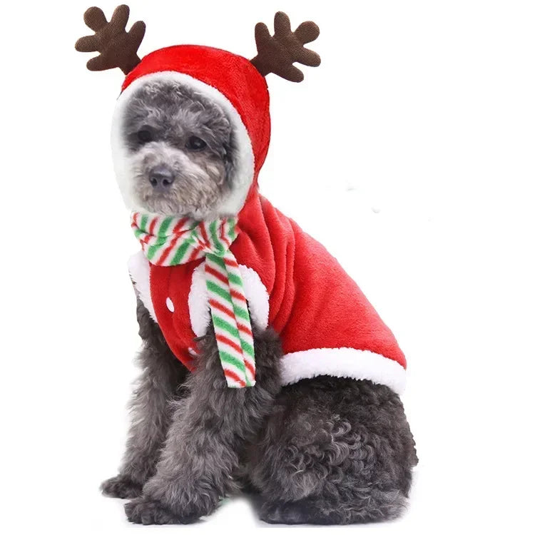 Christmas Elk & Santa Dog Hoodie, Warm Winter Pet Coat