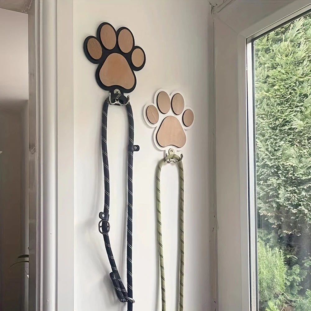 Paw Print Wooden Leash Hanger Wall Hook for Dog Lovers