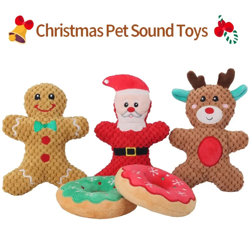 Xmas Pet Dog Plush Chew Toy Santa Elk Gingerbread Man Donut Cat