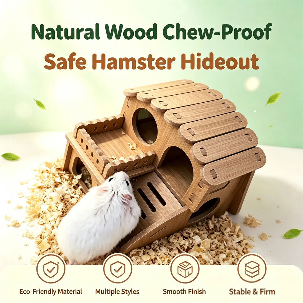 Wooden Hamster Villa Cabin House, Easy-Install Cage Hideout
