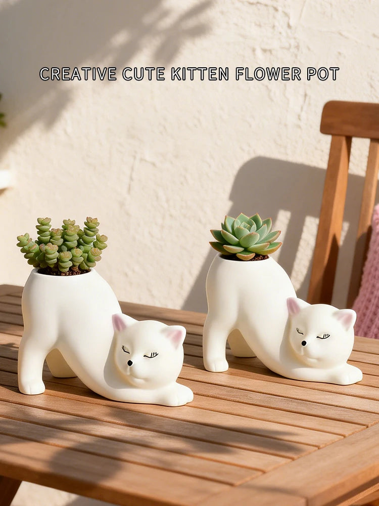 Curly Cat Resin Planter, Whimsical Kitty Pot for Succulents