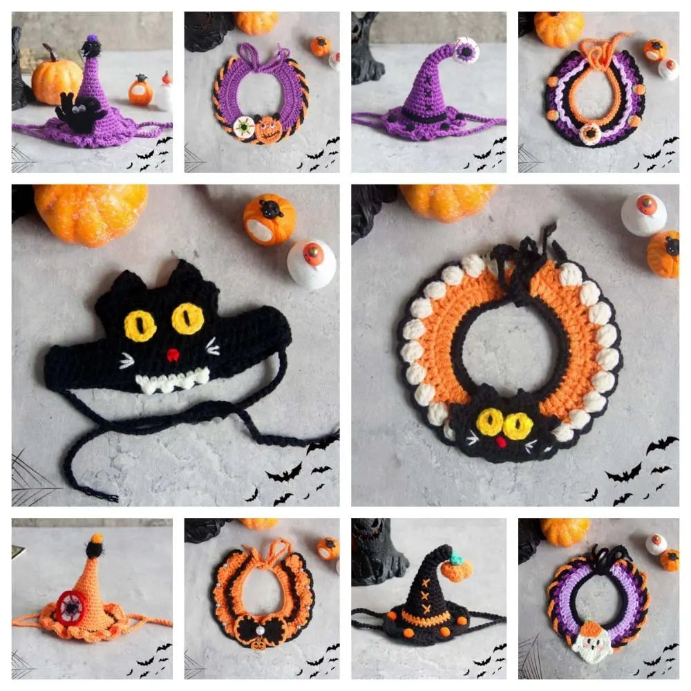 Halloween Cat Costume Pumpkin Ghost Woven Hat and Bib Set for Cats