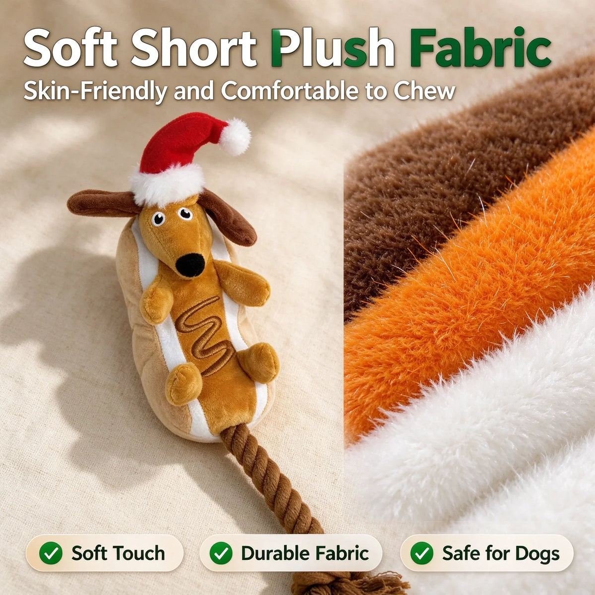 Holiday Hot Dog Dachshund Squeaky Plush Chew Toy for Puppies