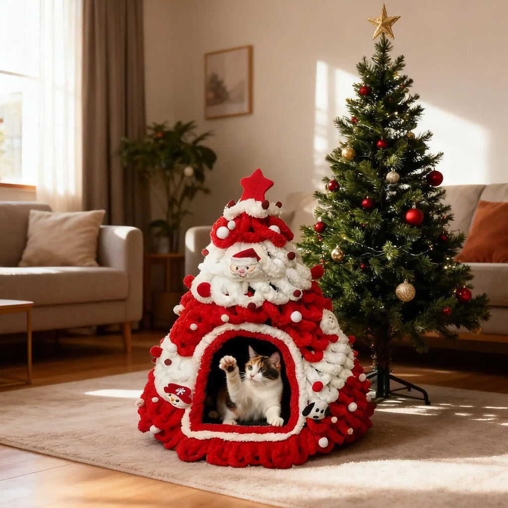 Knitted Christmas Tree Cat House, Warm Winter Nest for Kittens