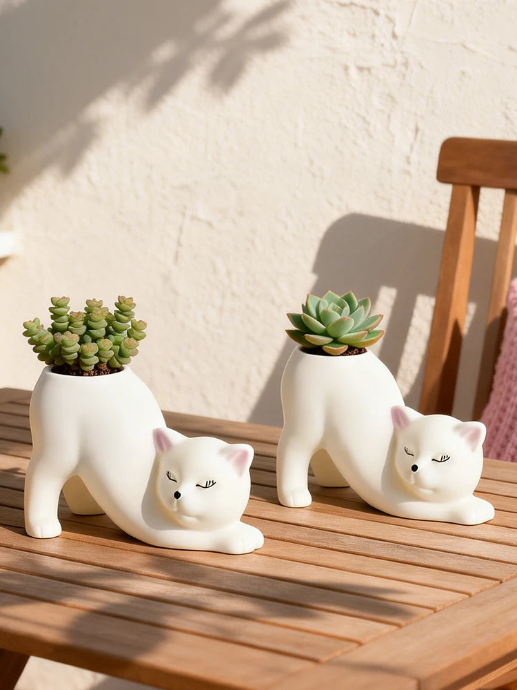 Curly Cat Resin Planter, Whimsical Kitty Pot for Succulents