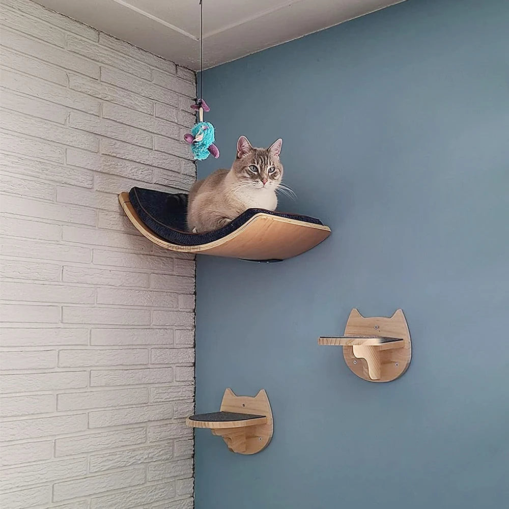 Wall-Mounted Curved Cat Shelf Steps with Cozy Perch Bed