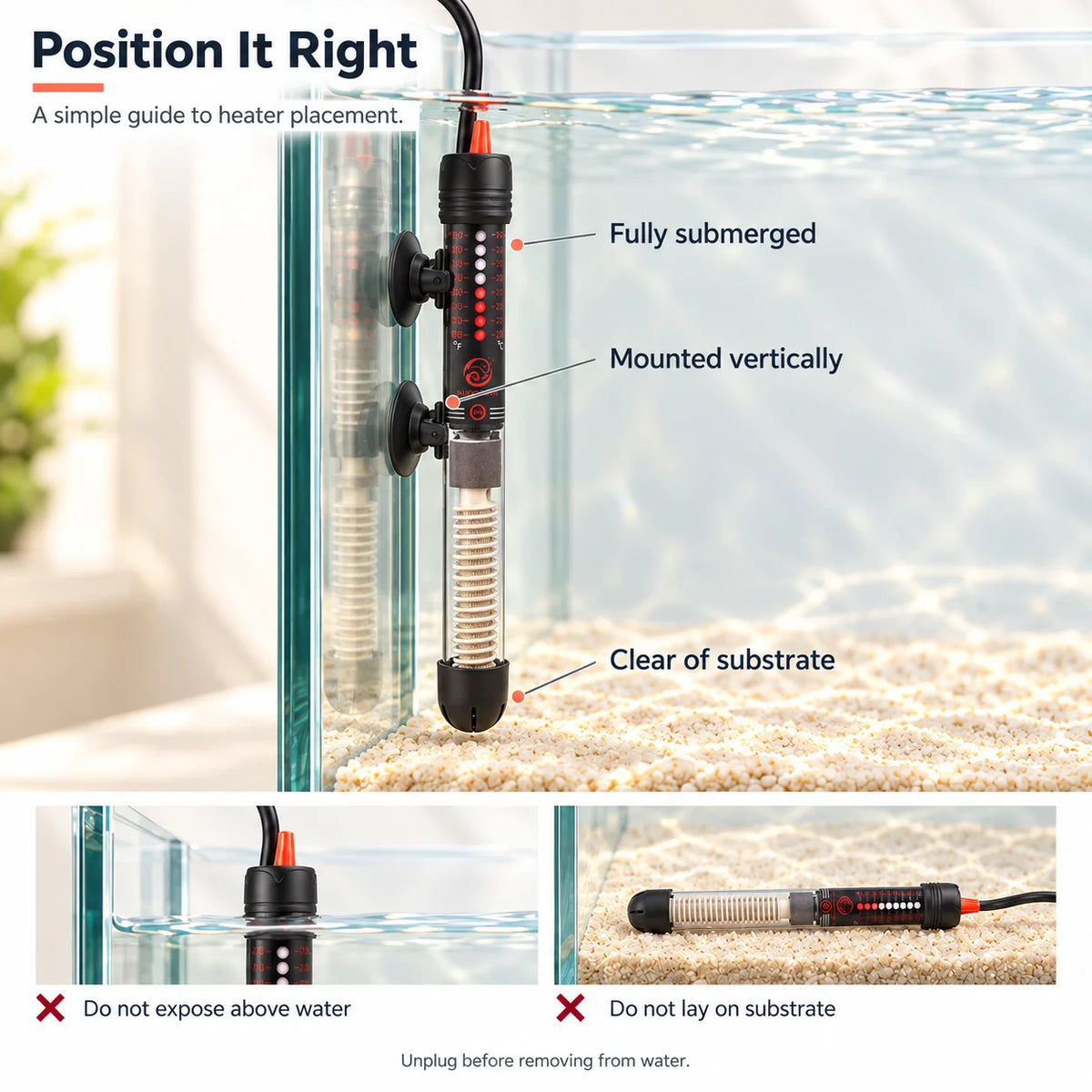 Adjustable Submersible Aquarium Heater with US Plug, 25W to 300W