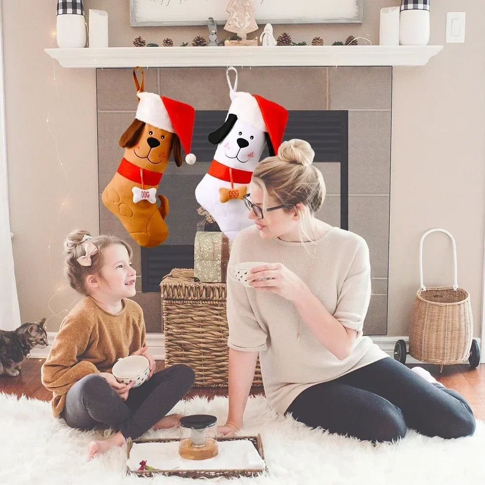 Dog Bone Christmas Stocking, Festive Holiday Gift Bag
