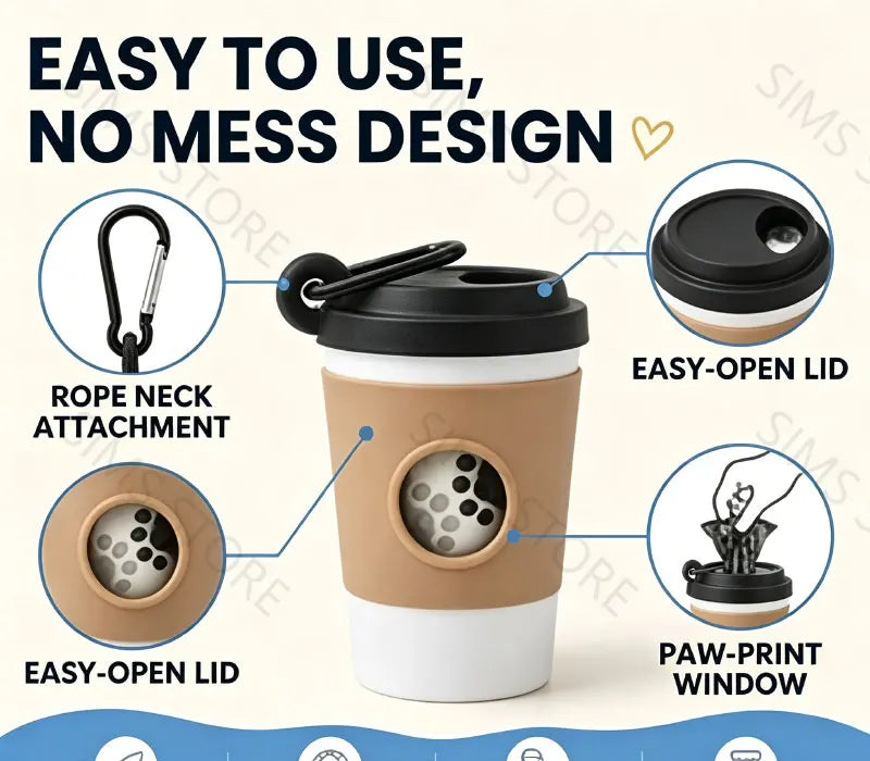Coffee Cup Dog Poop Bag Dispenser with Leash Clip for Walks
