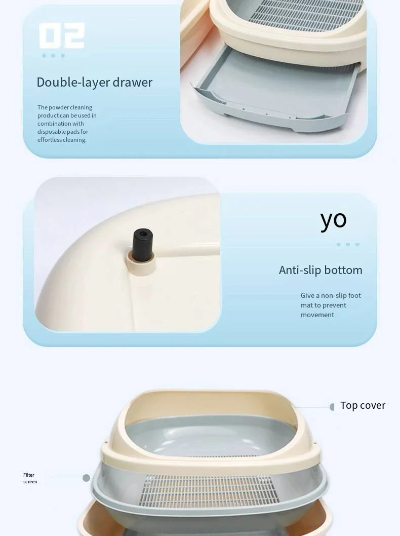Half-Enclosed Double-Layer Grid Cat Litter Box, Splash-Proof Drawer