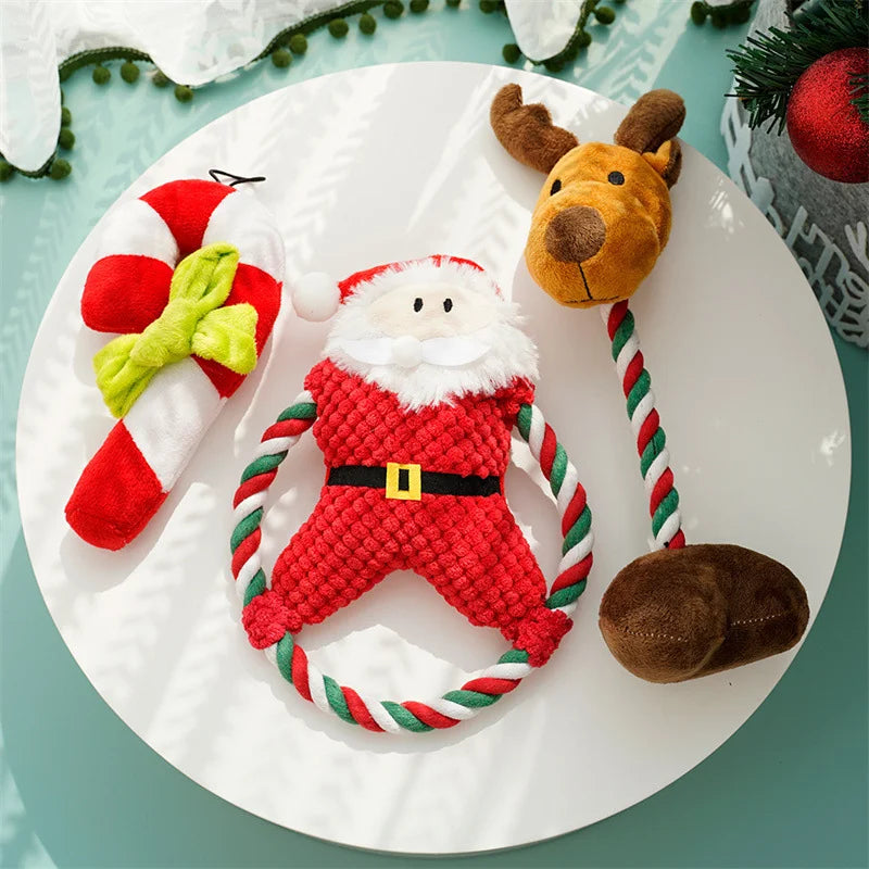 Christmas Dog Plush Santa Squeaky Chew Rope Toy