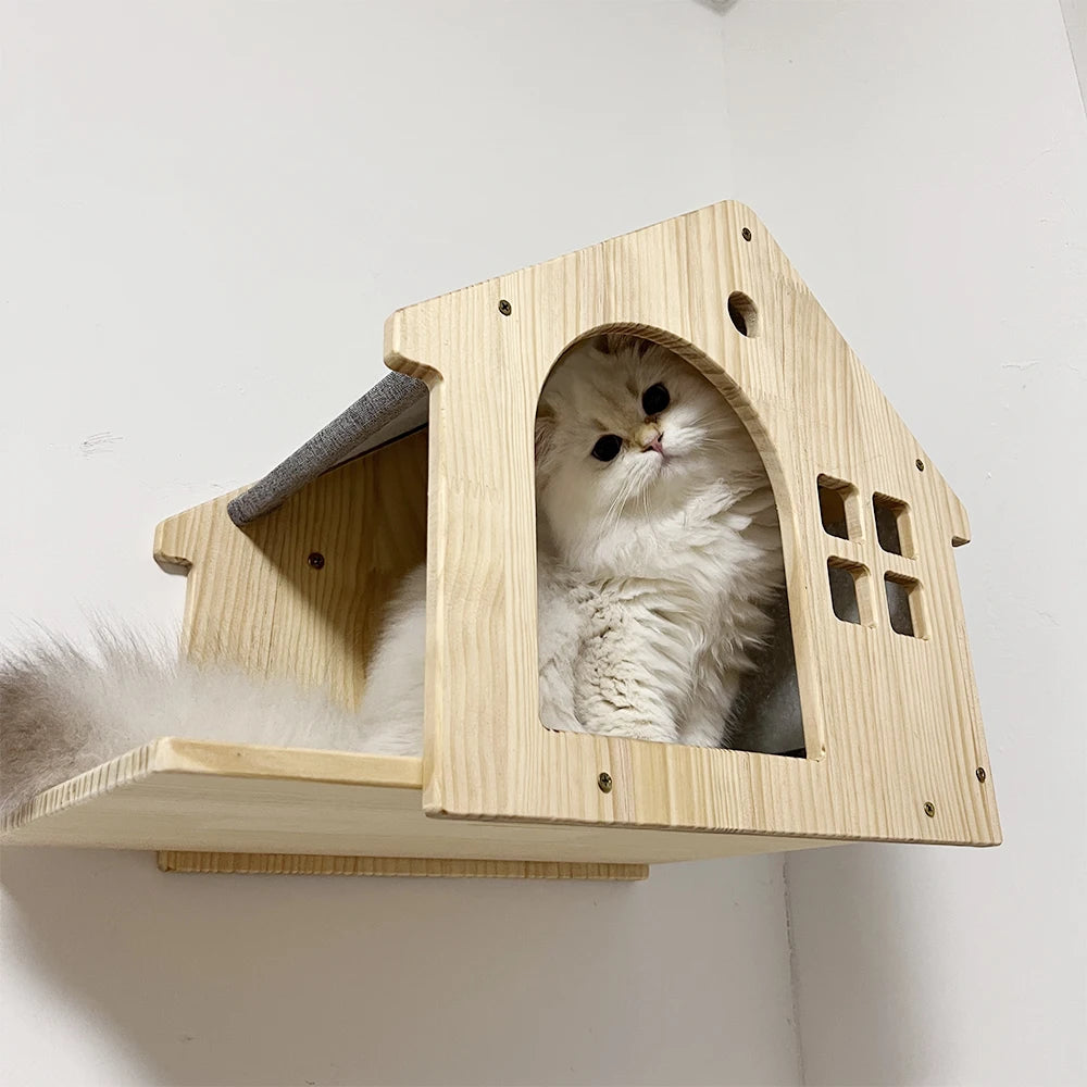 Wall-Mounted Cat Castle House Shelf, Climbing Hideaway Bed for Cats