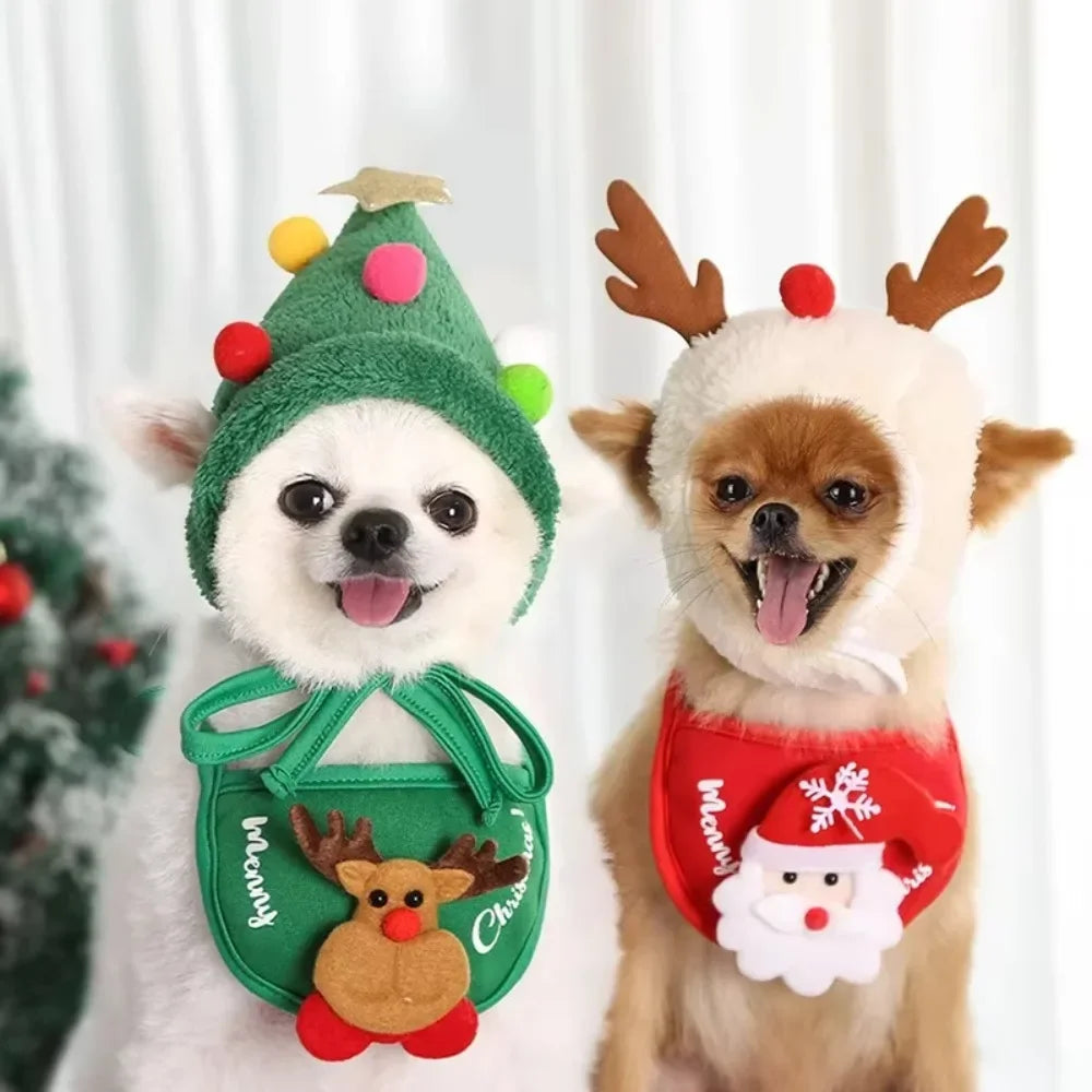 Christmas Santa Hat & Bandana Set for Dogs & Cats, Photo Prop