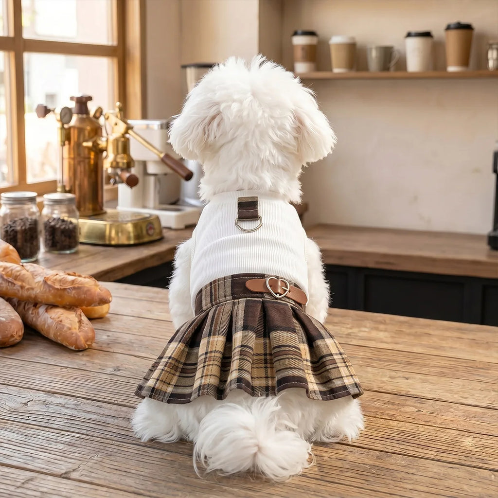 Plaid Pleated Dog Skirt Dress, Preppy Fall and Winter Pet Outfit
