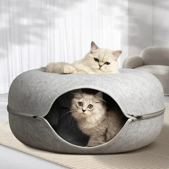 2-in-1 Felt Donut Cat Bed and Play Tunnel, Cozy Hideaway Cave