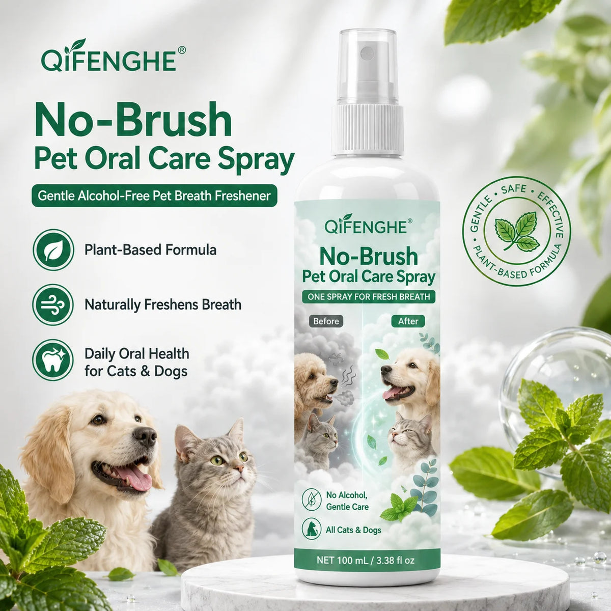 No-Brush Pet Dental Spray for Fresh Breath, Dog & Cat Oral Care