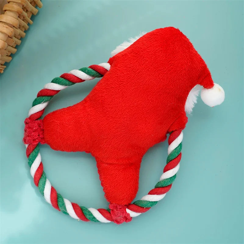 Christmas Dog Plush Santa Squeaky Chew Rope Toy