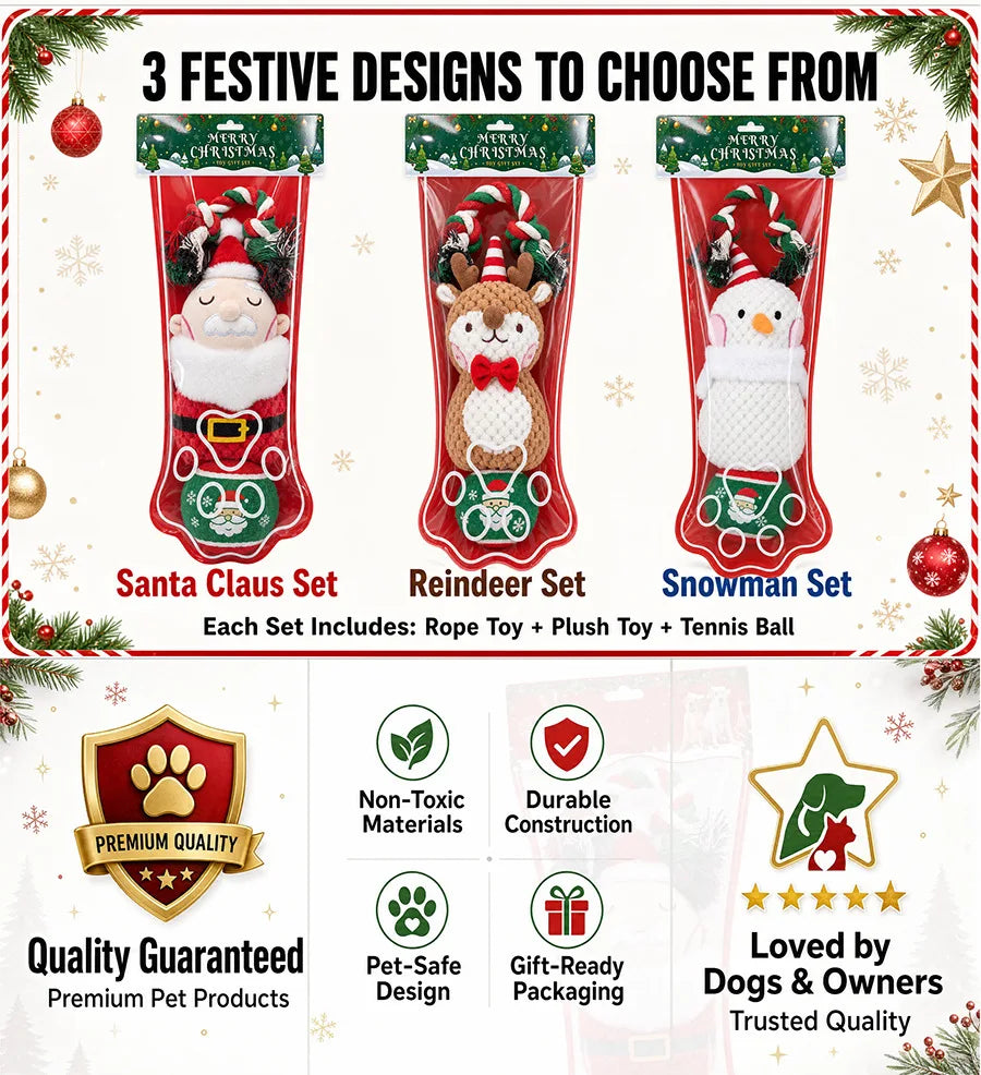3-Piece Christmas Dog Toy Set with Plush, Rope and Tennis Ball
