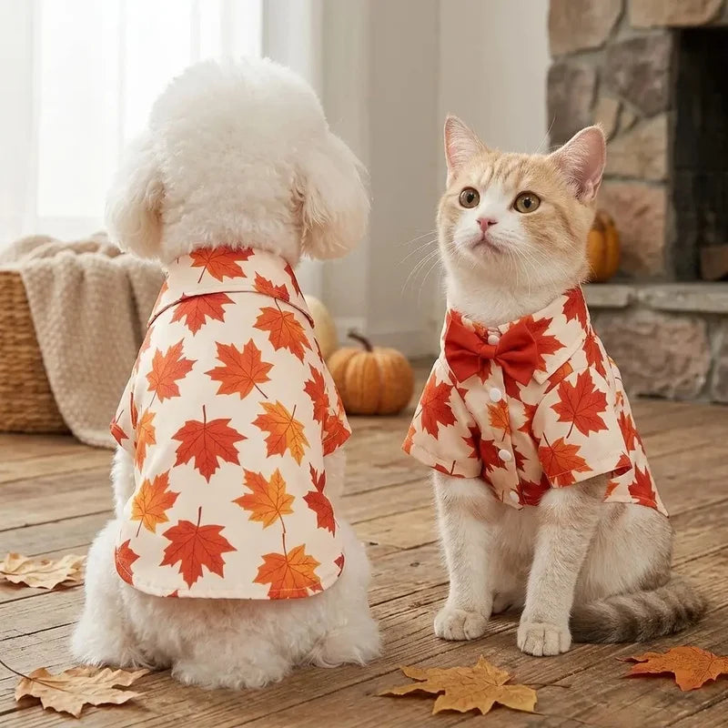 Fall Maple Leaf Dog Shirt with Bowtie, Thanksgiving Pet Outfit