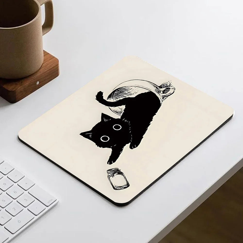 Black Cat Illustration Mouse Pad, Non-Slip Desk Mat Gift for Cat Lovers