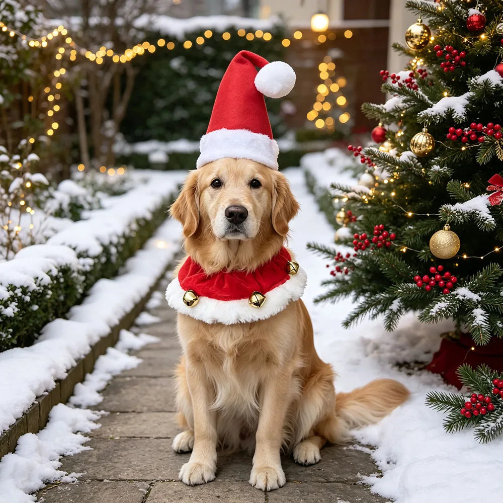 Dog Christmas Santa Hat Collar with Bells, Holiday Costume