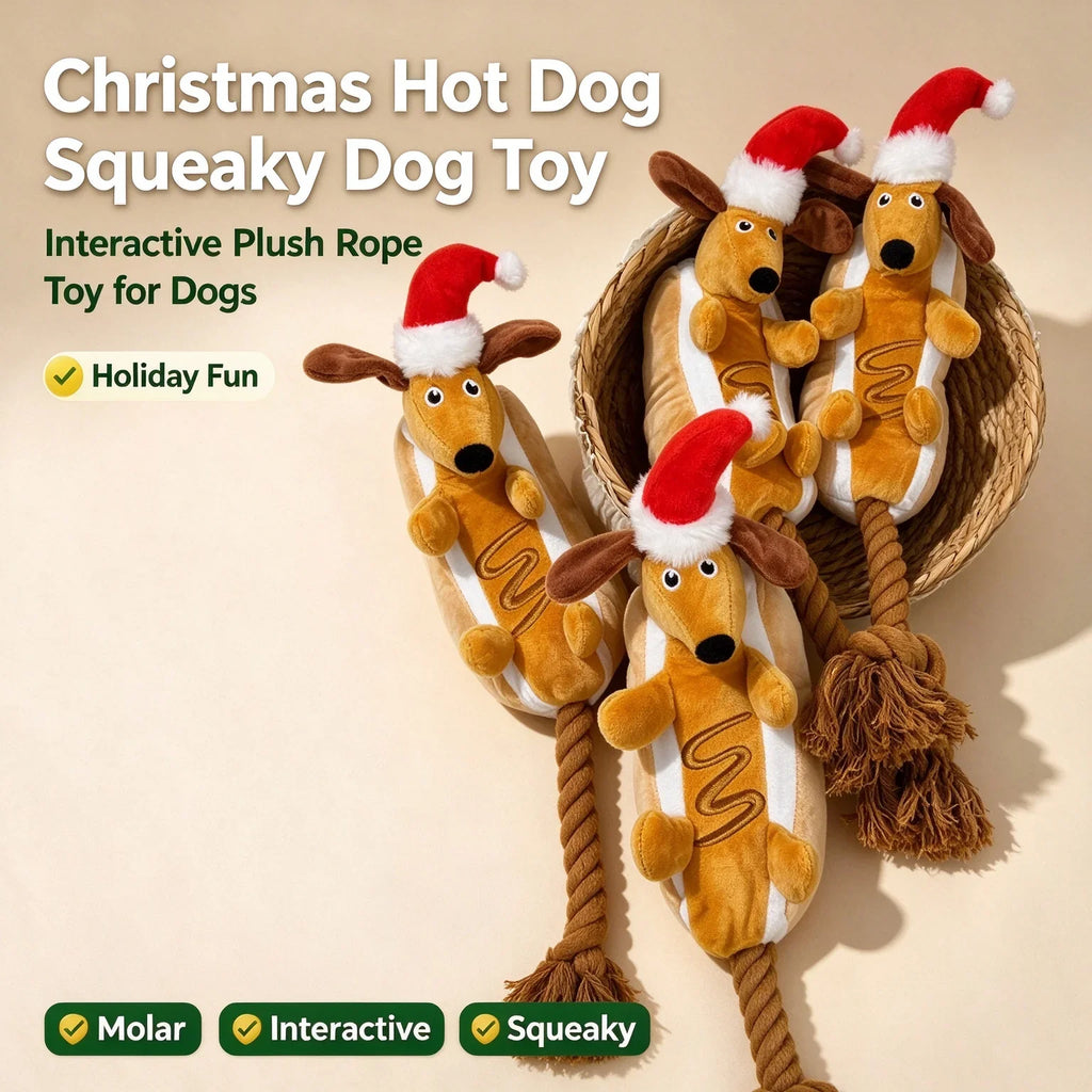 Christmas Dachshund Plush Squeaky Dog Toy with Rope Knot Chew